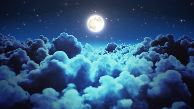 在月光下飞过夜晚的延时云。循环的3d动画飞行通过午夜Cloudscape与闪烁的星星在天空。