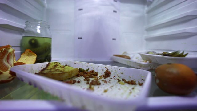 冰箱里有剩饭。肮脏的冰箱，内景。变质的食物。