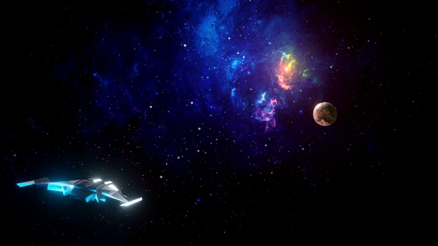 空间背景。宇宙飞船与行星在色彩斑斓的分形蓝色星云中飞行