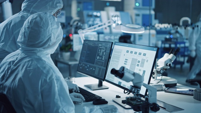 研究工厂洁净室:穿着工作服的工程师和科学家在计算机上交谈和工作，用显微镜检查主板微处理器，为医疗电子开发电子