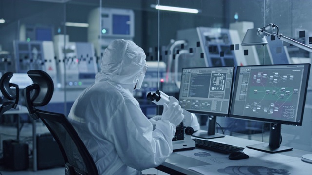 详情图-研究工厂洁净室:工程师和科学家团队在电脑上工作，使用显微镜检查主板微处理器，为医疗电子开发电子