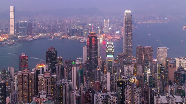 延时拍摄:维多利亚港日落时的香港城市景观