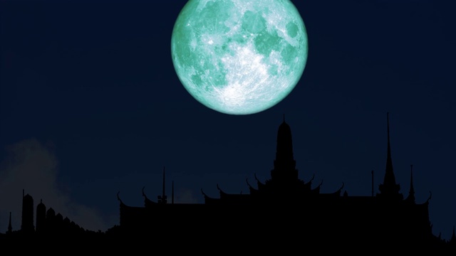 详情图-晚霞红天月升云影佛寺剪影