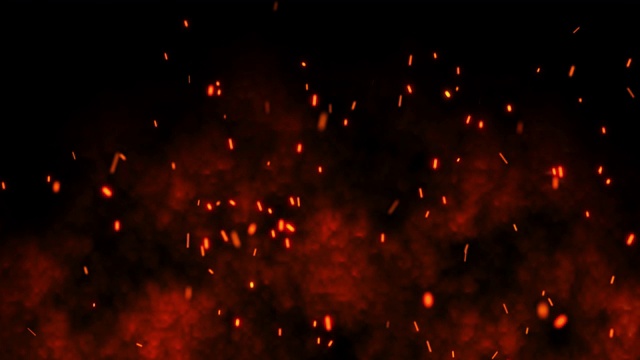 详情图-燃烧着的红色炽热的火花从夜空中升起。以火、光和生命为主题的美丽抽象背景。黑色背景上的粒子。