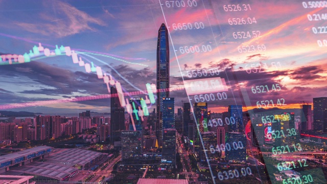 详情图-T/L,WS,HA深圳金融区天际线从黄昏到夜晚和股票金融概念延时/中国广东省深圳