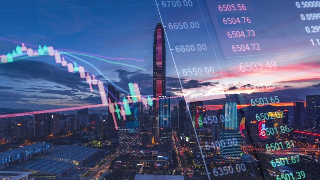 详情图-T/L,WS,HA深圳金融区天际线从黄昏到夜晚和股票金融概念延时/中国广东省深圳