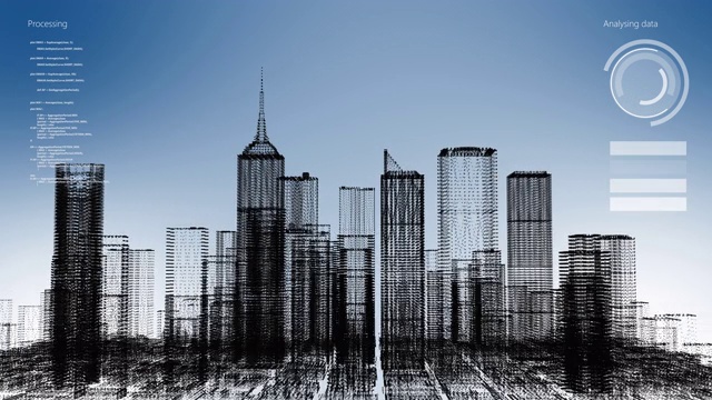 智能世界科技数字智慧城市3D建筑建筑全息图与显示器屏幕用户界面HUD控制，安全能源电力未来数字背景。