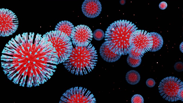 近距离的冠状病毒类型covid-19、h1n1、禽流感或猪流感在病毒的流体三维表现中流畅移动，作为微生物微观环状背景。红蓝梯度1