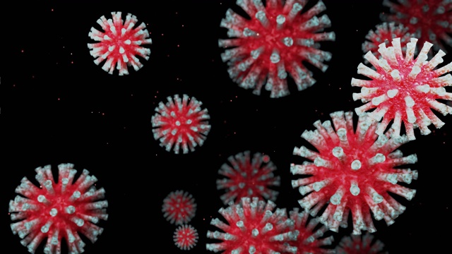 近距离的冠状病毒类型covid-19、h1n1、禽流感或猪流感在病毒的流体三维表现中流畅移动，作为微生物微观环状背景。红白渐变8