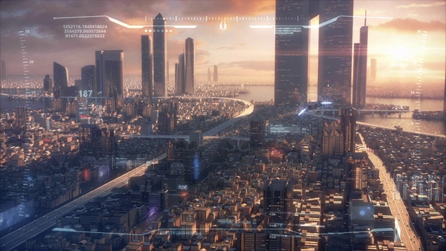 3D Hud日落城市的未来