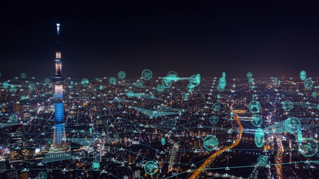 全球通信技术和夜晚东京城市