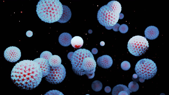 详情图-近距离的冠状病毒类型covid-19、h1n1、禽流感或猪流感在病毒的流体三维表现中流畅移动，作为微生物微观环状背景。红白渐变3