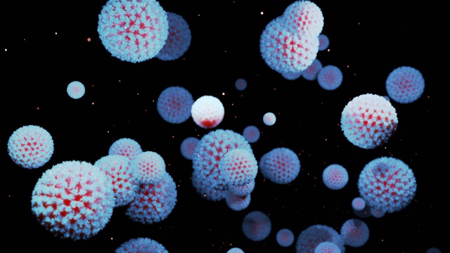 详情图-近距离的冠状病毒类型covid-19、h1n1、禽流感或猪流感在病毒的流体三维表现中流畅移动，作为微生物微观环状背景。红白渐变3