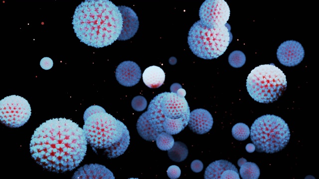 详情图-近距离的冠状病毒类型covid-19、h1n1、禽流感或猪流感在病毒的流体三维表现中流畅移动，作为微生物微观环状背景。红白渐变3