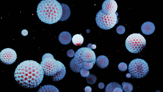 详情图-近距离的冠状病毒类型covid-19、h1n1、禽流感或猪流感在病毒的流体三维表现中流畅移动，作为微生物微观环状背景。红白渐变3