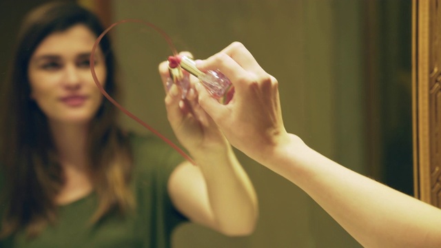 恋爱中的女人。用口红在镜子上画心形