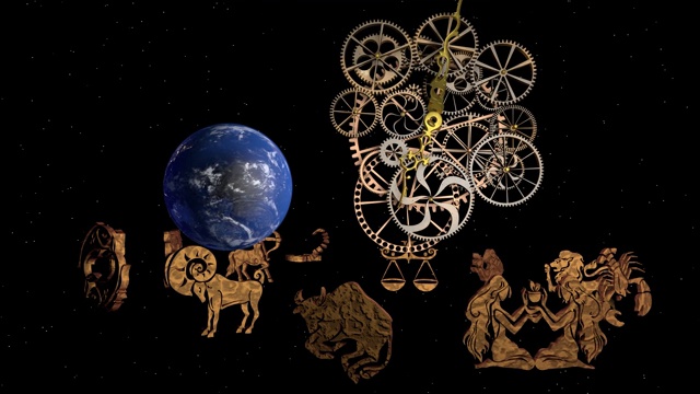 黄道星座，12个黄道星座和一个时钟装置。三维渲染