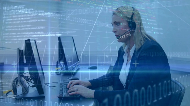 详情图-动画白种人妇女戴着耳机和使用电脑对统计和数据记录