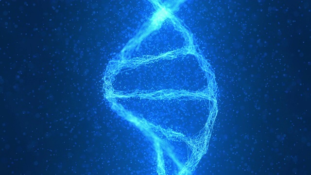DNA双螺旋粒子在抽象未来科学技术的蓝色数字背景