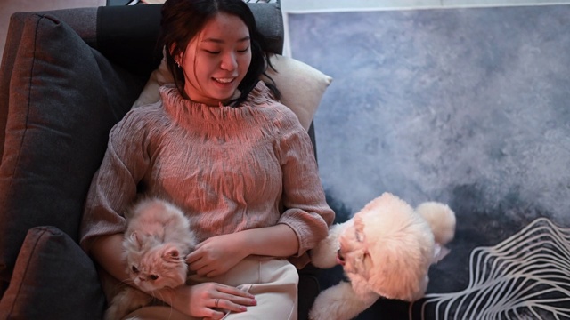 一个亚裔华裔少女在家里的客厅里和她的宠物玩耍，享受着下雨天