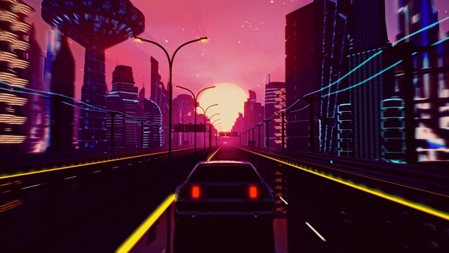 无缝循环的赛博朋克日落景观与一辆移动的汽车在高速公路上