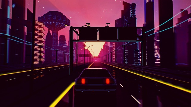 详情图-无缝循环的赛博朋克日落景观与一辆移动的汽车在高速公路上
