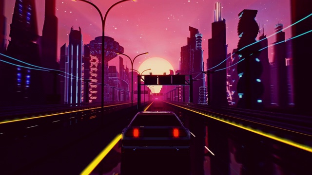 详情图-无缝循环的赛博朋克日落景观与一辆移动的汽车在高速公路上