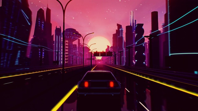 详情图-无缝循环的赛博朋克日落景观与一辆移动的汽车在高速公路上