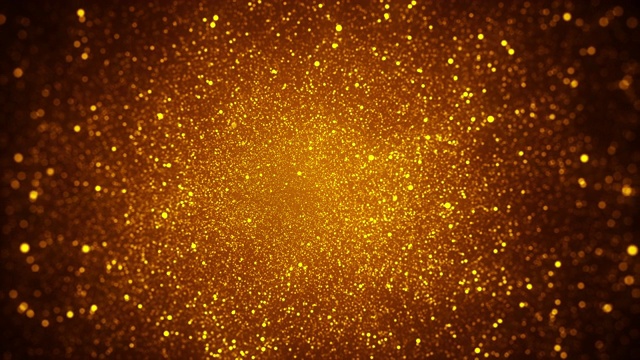 金色颗粒抽象背景与金色闪耀星尘散景闪耀奖尘。未来主义闪闪发光的苍蝇运动闪烁的循环在空间上的黑色背景。