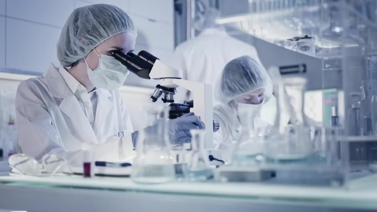 实验室小组处理有害生物样本。使用显微镜
