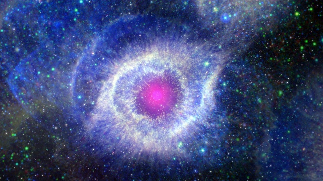太空飞行到深空螺旋星云上帝之眼，4K 3D外太空动画与飞行星场在中心发光。宇宙空间背景。