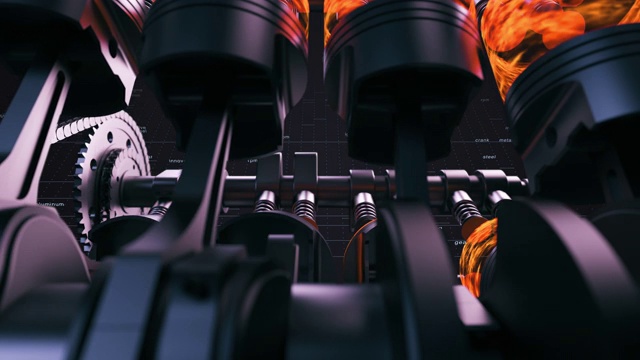 详情图-强大的V8,3D汽车引擎工作。运动中的活塞和曲轴。