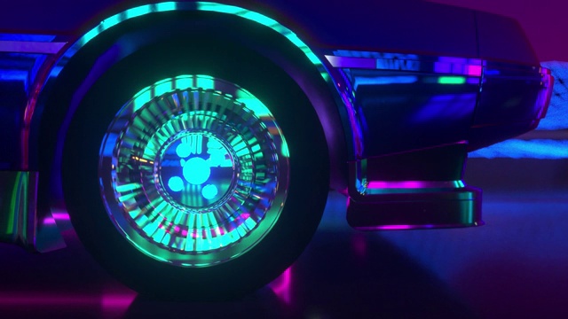 80年代retrowave背景3d動(dòng)畫(huà)。未來(lái)霓虹汽車車輪近。