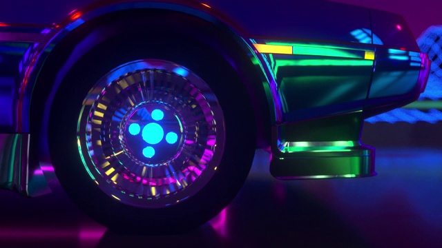 詳情圖-80年代retrowave背景3d動(dòng)畫。未來(lái)霓虹汽車車輪近。