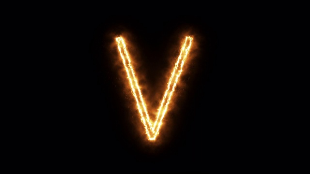 字母“V”代表燃烧的火焰。燃烧燃烧字体或篝火字母文本与炙热的火焰闪耀的热效应。3 d渲染。