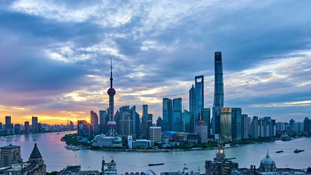 4K:上海全景天際線在黎明到日出的時(shí)間流逝，中國