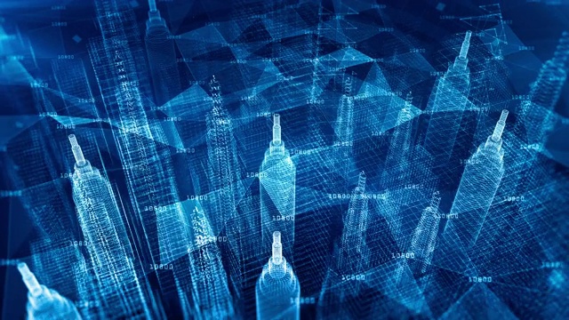 数字城市，数字空间与粒子和数字数据网络连接，高速连接数据分析过程的运动背景