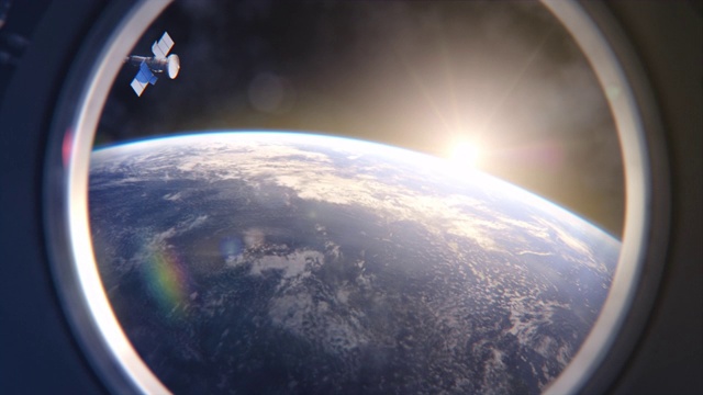 从国际空间站的舷窗上看到的令人惊叹的地球景色。旭日照亮我们的蓝色星球和卫星飞过。科学准确的3D视觉特效渲染