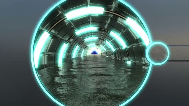 带有霓虹灯的金属舱口打开了宇宙飞船景观的全景。3d抽象背景科幻走廊与门户。未来技术抽象VJ技术标题。