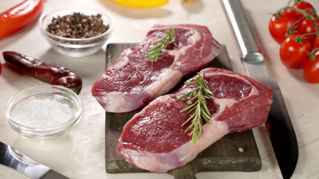 牛排生牛肉肋眼配迷迭香板旋转。