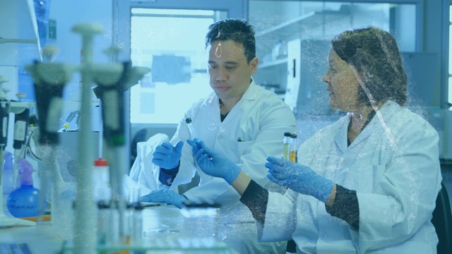 详情图-两名科学家在实验室工作，数学方程在移动