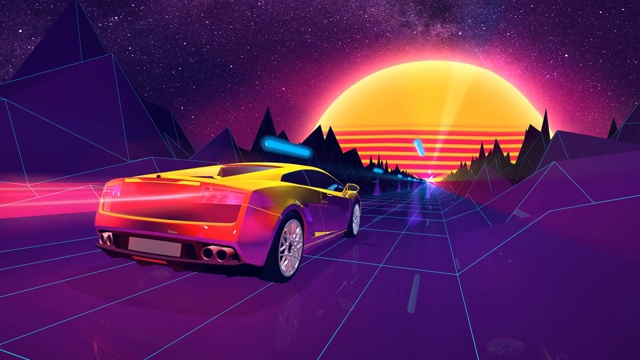 詳情圖-豪華跑車在80年代復(fù)古未來的配色方案和風(fēng)格背景為電子，電子游戲和蒸汽波音樂的概念