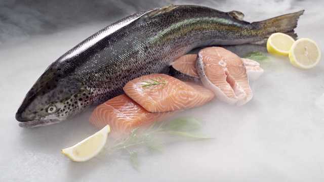 詳情圖-4K超高清:鮭魚及其魚片在黑色背景和冰凍的冰煙。新鮮豪華海鮮和菜單食譜零售市場概念。
