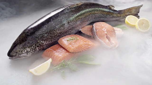 詳情圖-4K超高清:鮭魚及其魚片在黑色背景和冰凍的冰煙。新鮮豪華海鮮和菜單食譜零售市場概念。