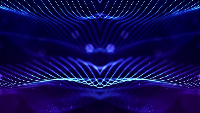 发光的蓝色粒子形成线，对称结构，就像微观世界或宇宙空间。4k循环科幻3d抽象背景。为节日展示，仪式作为vj循环运动设计2