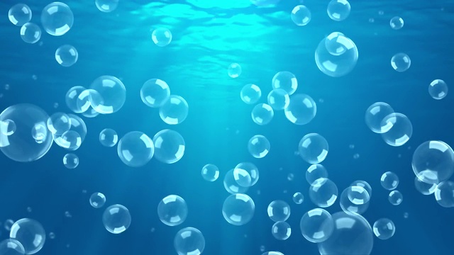 空气水气泡慢动作水下出现蓝色4K 3D绿屏循环动画。