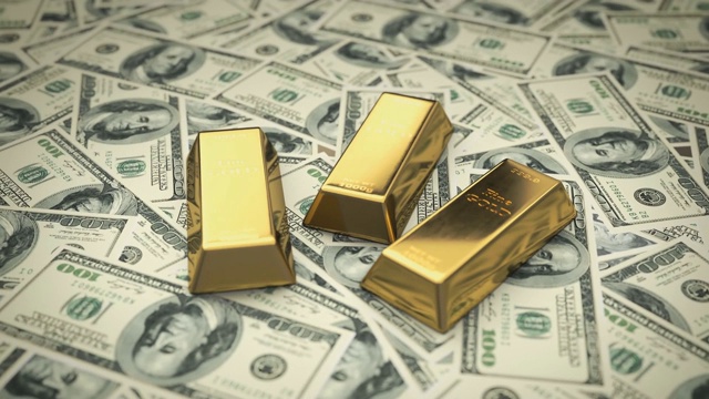 美元鈔票上的金條。金和金錢。