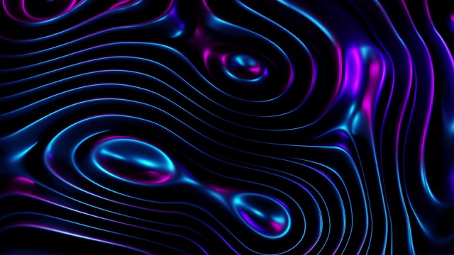 未来3D流体动画波形和圆形形状。紫外光谱，紫蓝色霓虹灯，全息梯度，抽象荧光背景，光学幻觉，虚拟现实。