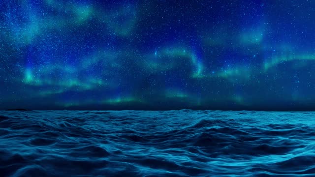 北极光在夜空中平静的海洋表面的3D动画