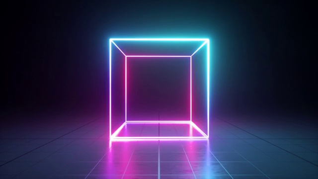 3d霓虹立方体从粉红色变成蓝色，旋转，旋转在黑暗的房间。循环动画